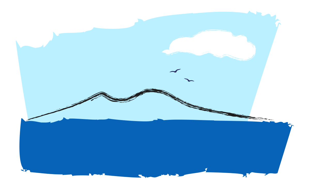 Drawing of Vesuvio, the sea and two seagulls